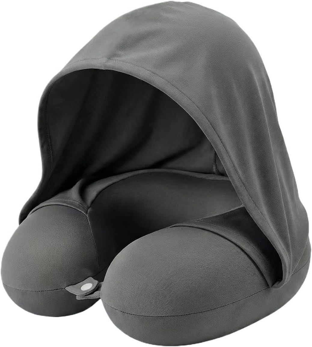 Travel Pillow with Hoodie – Memory Foam Neck Support, Soft & Comfortable, Elastic Removable Washable Cover – First-Class Comfort for Flights, Road Trips, and Sleep - Pink - Size 30cm*29cm*10cm