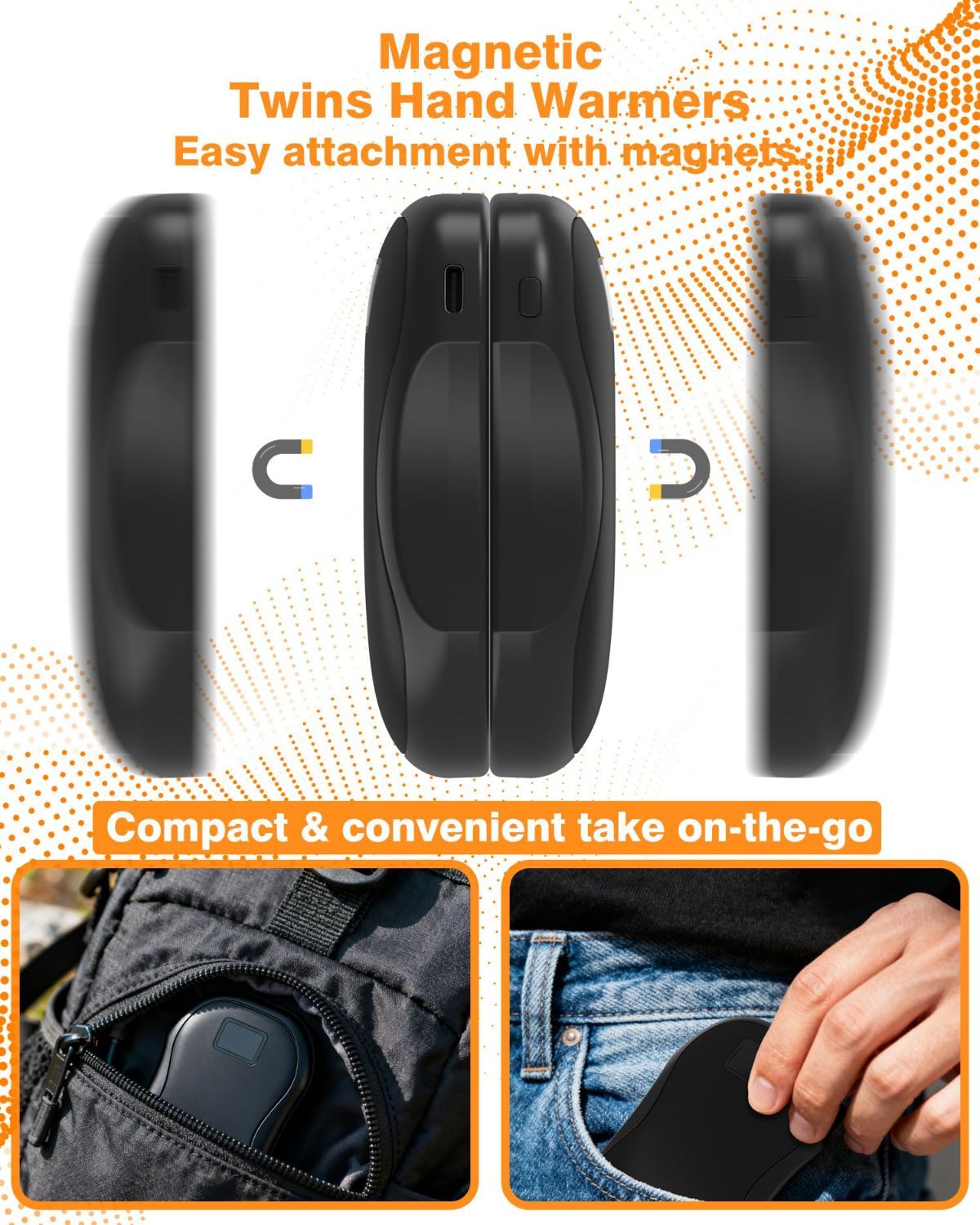 Hand Warmers Rechargeable 2 Pack,Portable Digital Display Pocket Electric hot Hands,Magnetic Battery Powered Heater. Outdoor, Golf, Hunting, Camping Accessories, Gifts - Black - Size Fits Adult Hands