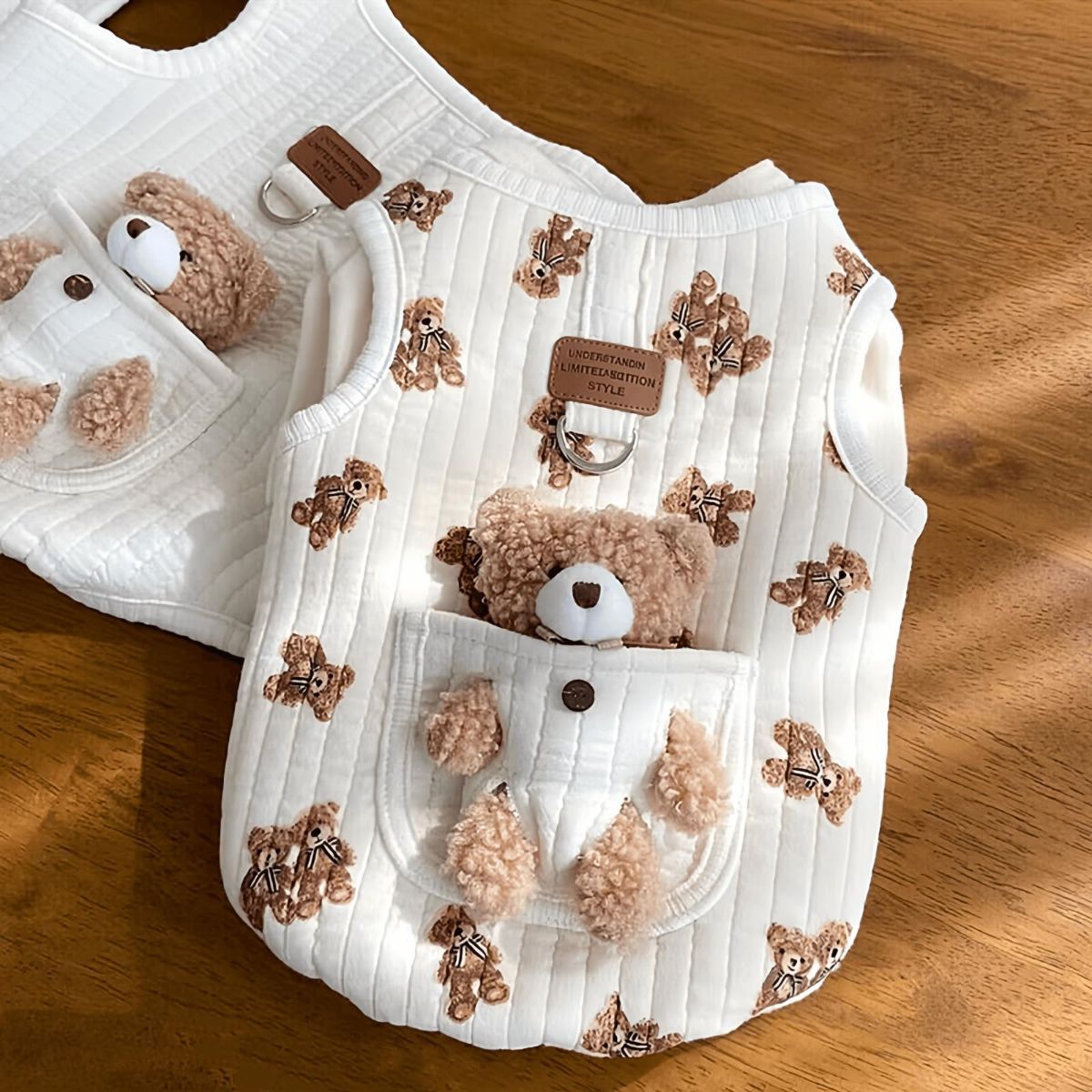 Pet Sweater Plush Bear Pattern Sleeveless Pet Clothing Puppy Outfit Kitten - Ivory - Size M