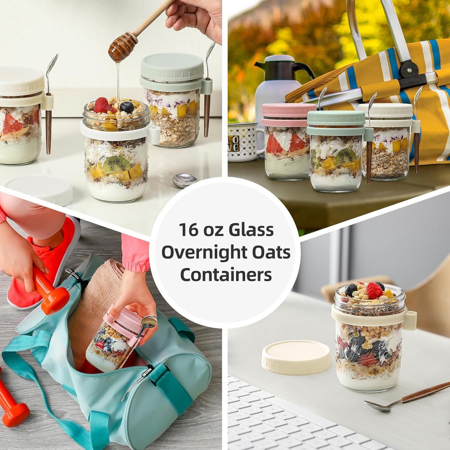 4-Pack 16oz Glass Overnight Oats Jars with Lids & Spoons, Airtight Mason Jars for Yogurt, Salad, Fruit, Meal Prep, Leak-Proof & Portable (Multicolor)