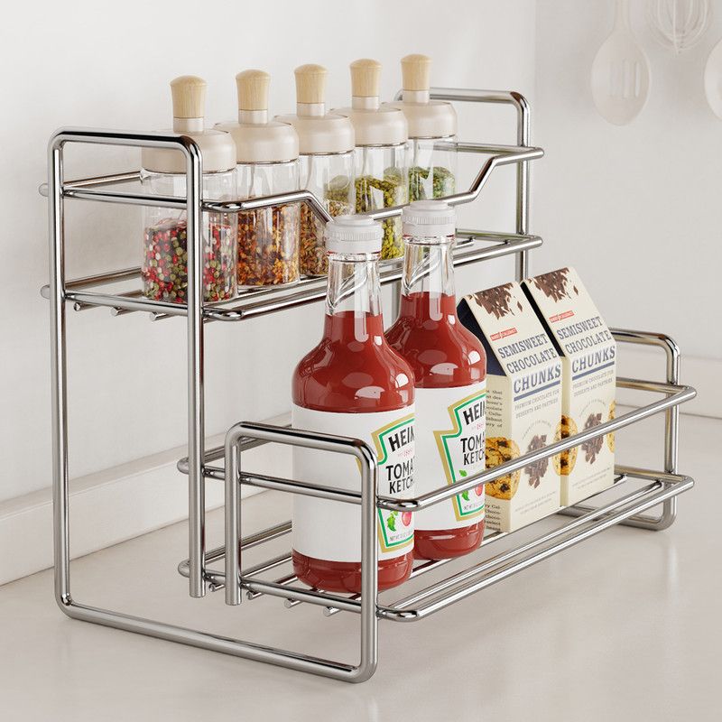 Stainless Steel Two Layers Storage Shelf Kitchen Spice Rack Bathroom Cosmetics Mouthwash Cup Organizer Storage Rack-Silver