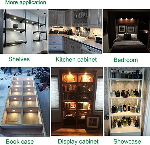 Linkable Under Cabinet LED Lighting 12V Dimmable Puck Lights Hardwired with Wireless RF Remote Control for Kitchen Mood Lighting(6 Lights, Warm White)