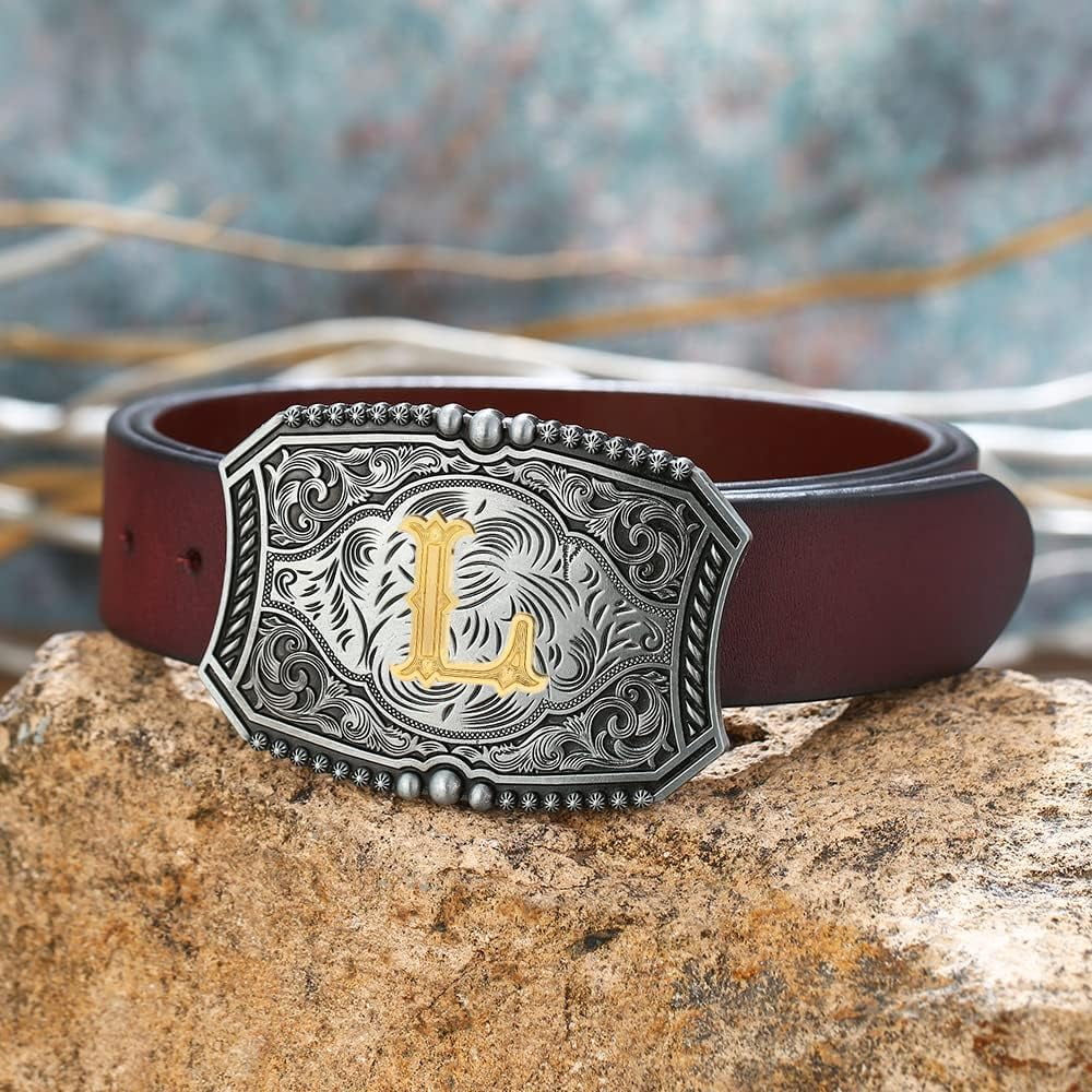 Men's American Western Belt Buckle Knight Vintage Initial Letters A to Z Alphabet Cowboy Rodeo Belt Buckle