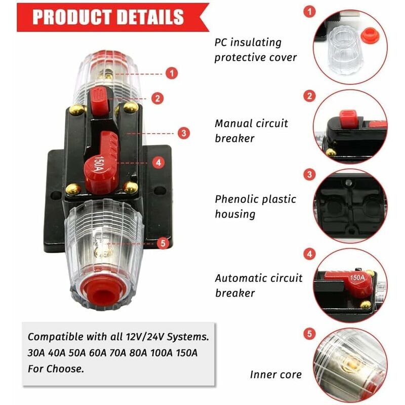 Car Fuse Circuit Breaker, Auto Circuit Breaker Car Protection 12V - 24V Dc, Manual Reset Switch Car Audio Fuse, Inline