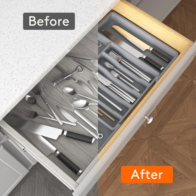 Cutlery Tray, Expandable Utensil Tray For Drawer, Adjustable Drawer Organizer For Kitchen, Compact Plastic Storage For