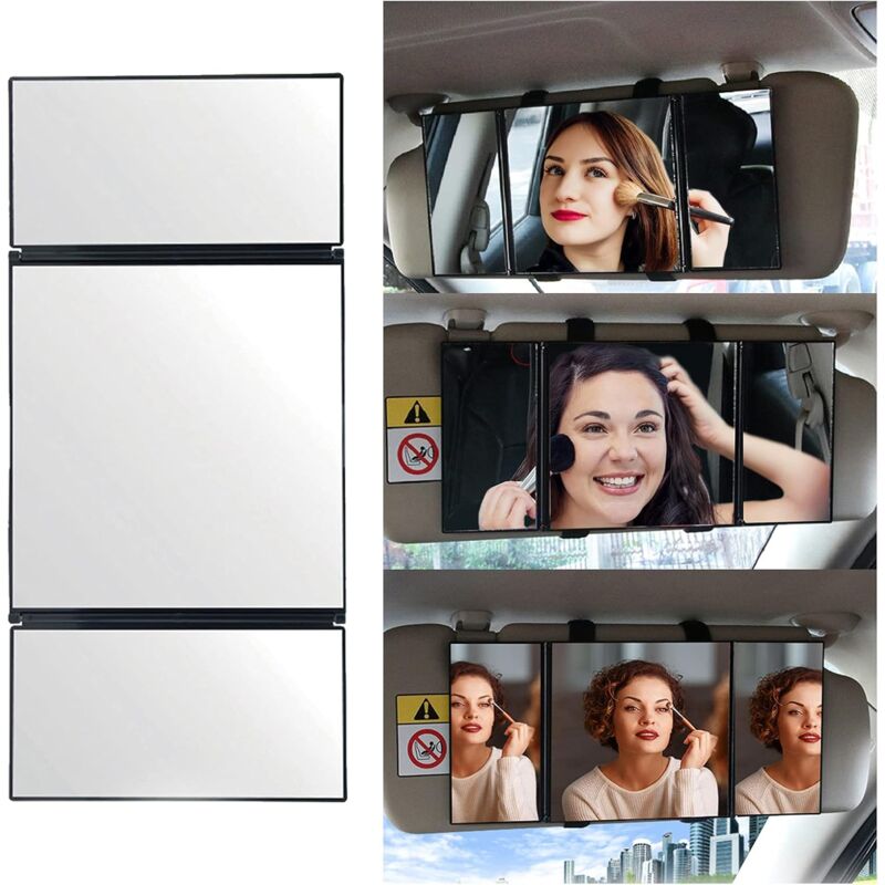 Car Vanity Mirror Universal Sun Visor Mirror Tri-Fold Design Folding Vanity Mirror Cosmetic Makeup Mirror Auto Supplies
