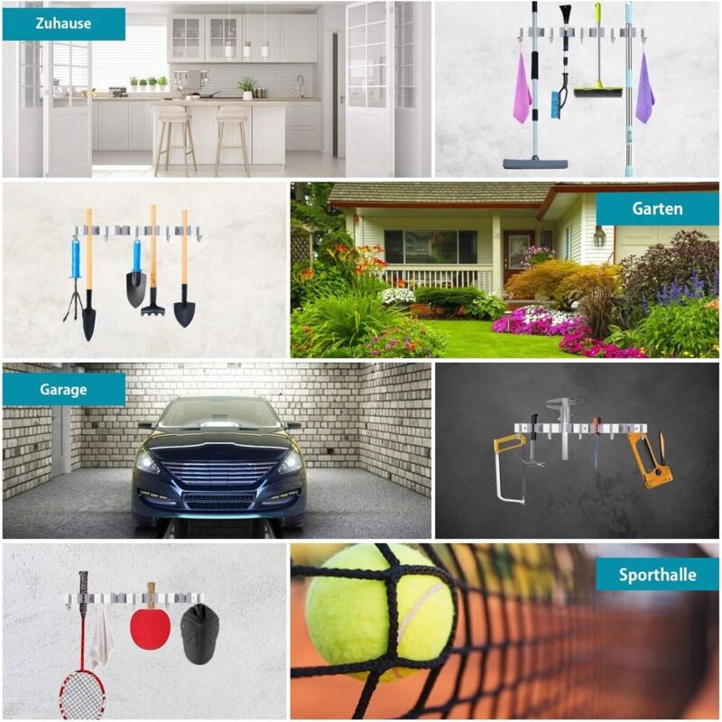 Stainless Steel Wall Mounted Broom Holder, Wall Mounted Broom Hanger With 4 Slots And 5 Hooks For Kitchen, Bathroom,