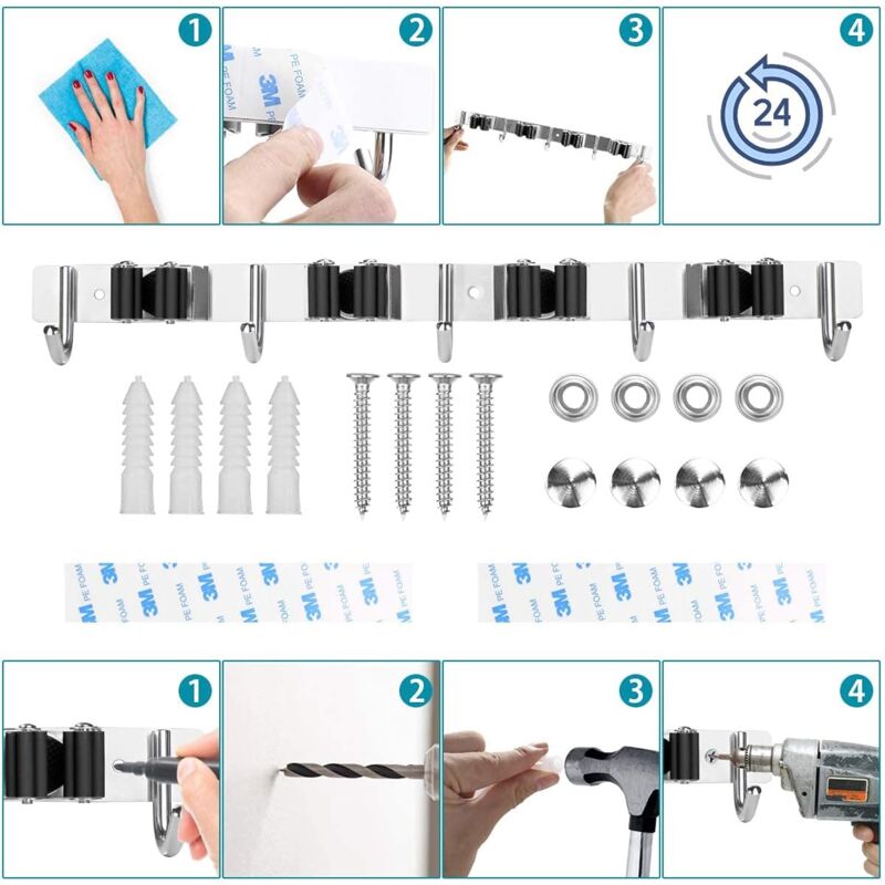 Stainless Steel Wall Mounted Broom Holder, Wall Mounted Broom Hanger With 4 Slots And 5 Hooks For Kitchen, Bathroom,
