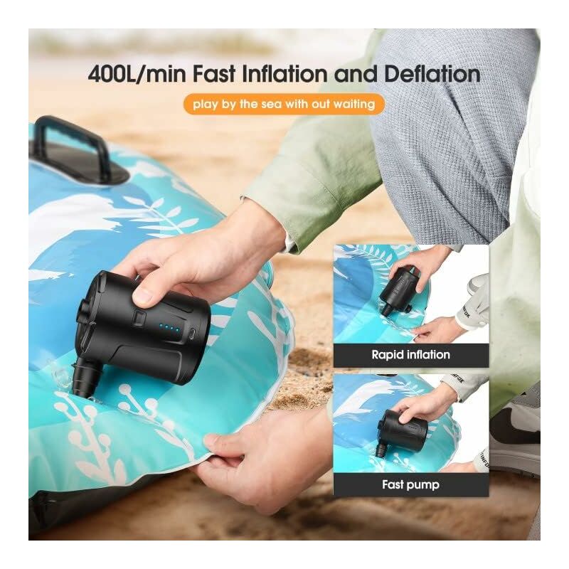 Electric Air Pump, 5000Mah Rechargeable Battery, Inflatable Mattress Inflator With 3 Air Nozzles, Fast Inflator For