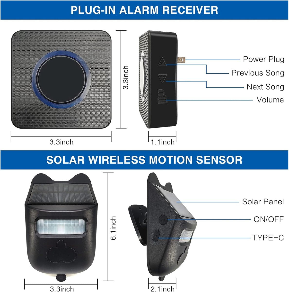 Driveway alarm - Entry detector - Solar driveway alarm - Motion detector - Wireless = Security - Wireless solar driveway alarm - Motion detector - Doorbell - DIY security system - (1 sensor and 2 doorbells)