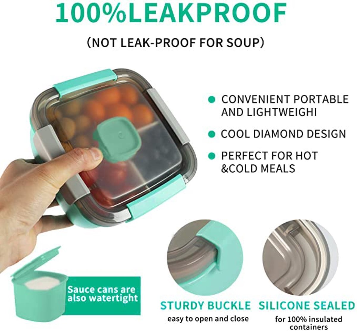 Lunch box - Compartmentalized lunch box - Bento box - Salad lunch box - Salad bowl lunch box - Fruit box for school, work, picnics and travel - 1500 ml 17.4 x 17.4 x 9.6 cm - Vegetables