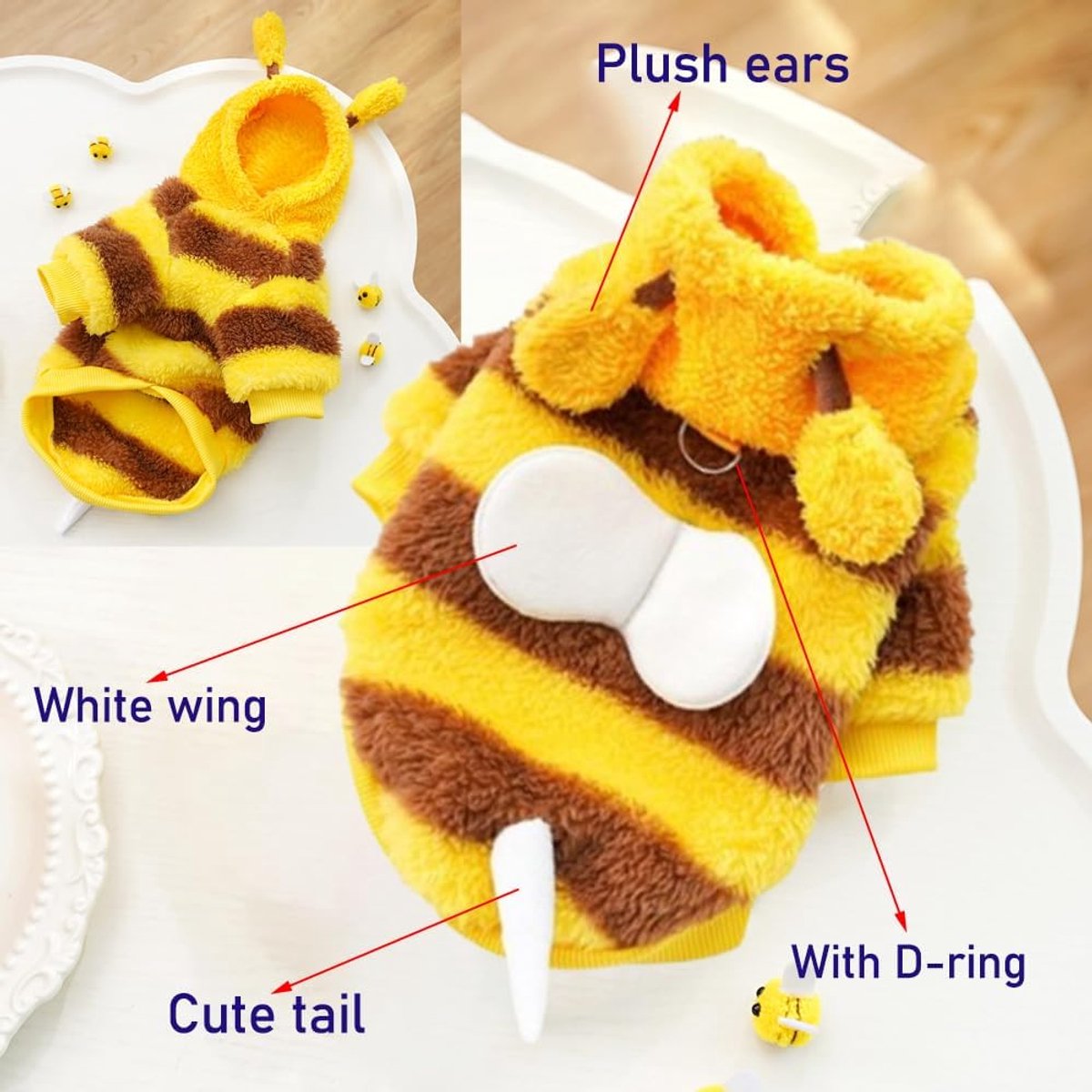 Dog Coat - Fleece Hoodie - Autumn and Winter Dog Clothes - Bumblebee Dog Costume - Cold Weather Coat - Fun Bee Dog Costume - Perfect for Christmas and Halloween - Yellow - Medium M
