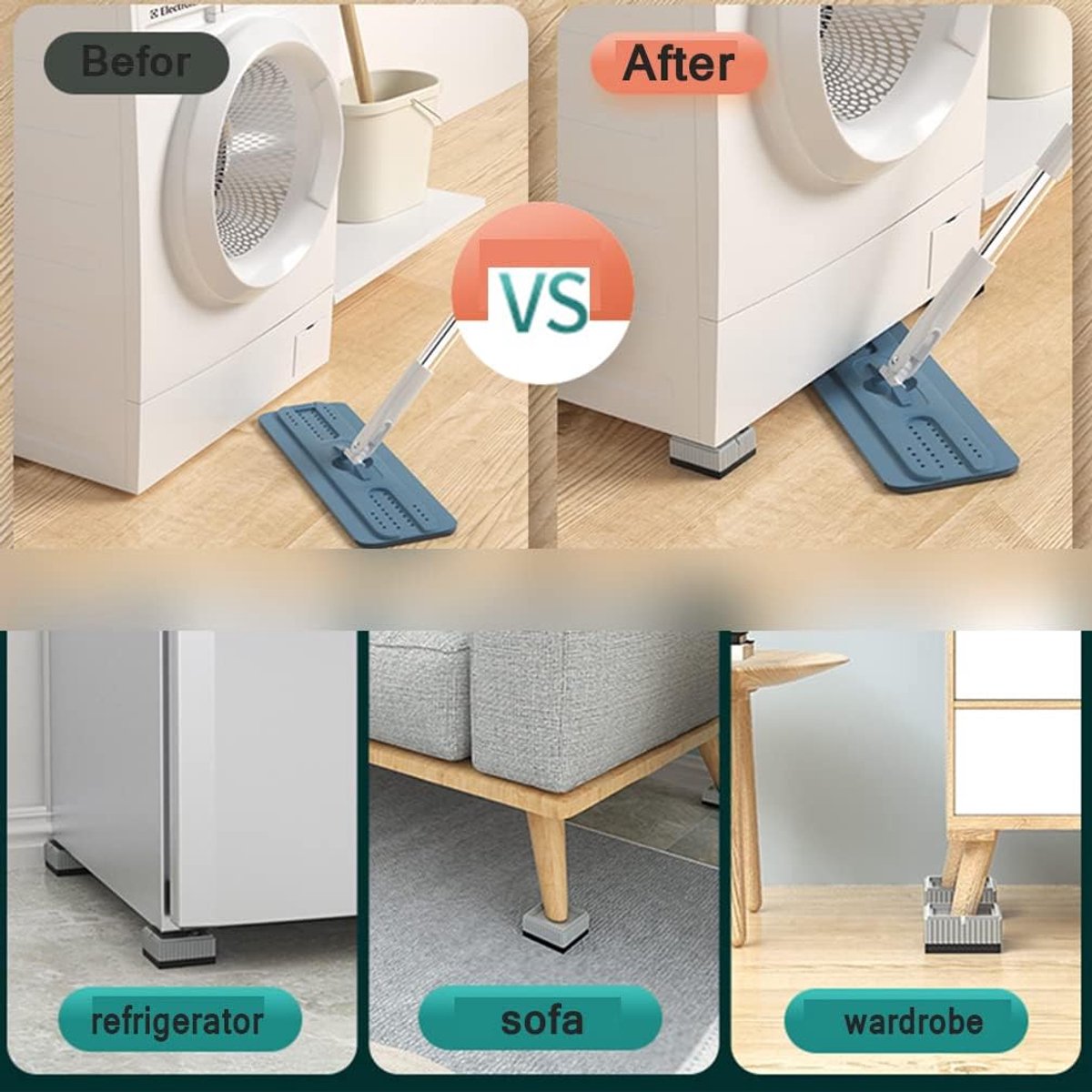 Universal anti-vibration feet - 4x square furniture risers - Stackable table feet for washing machine, non-slip stabilizers for washing machines and furniture (3.3 cm (1.3 inch), White)