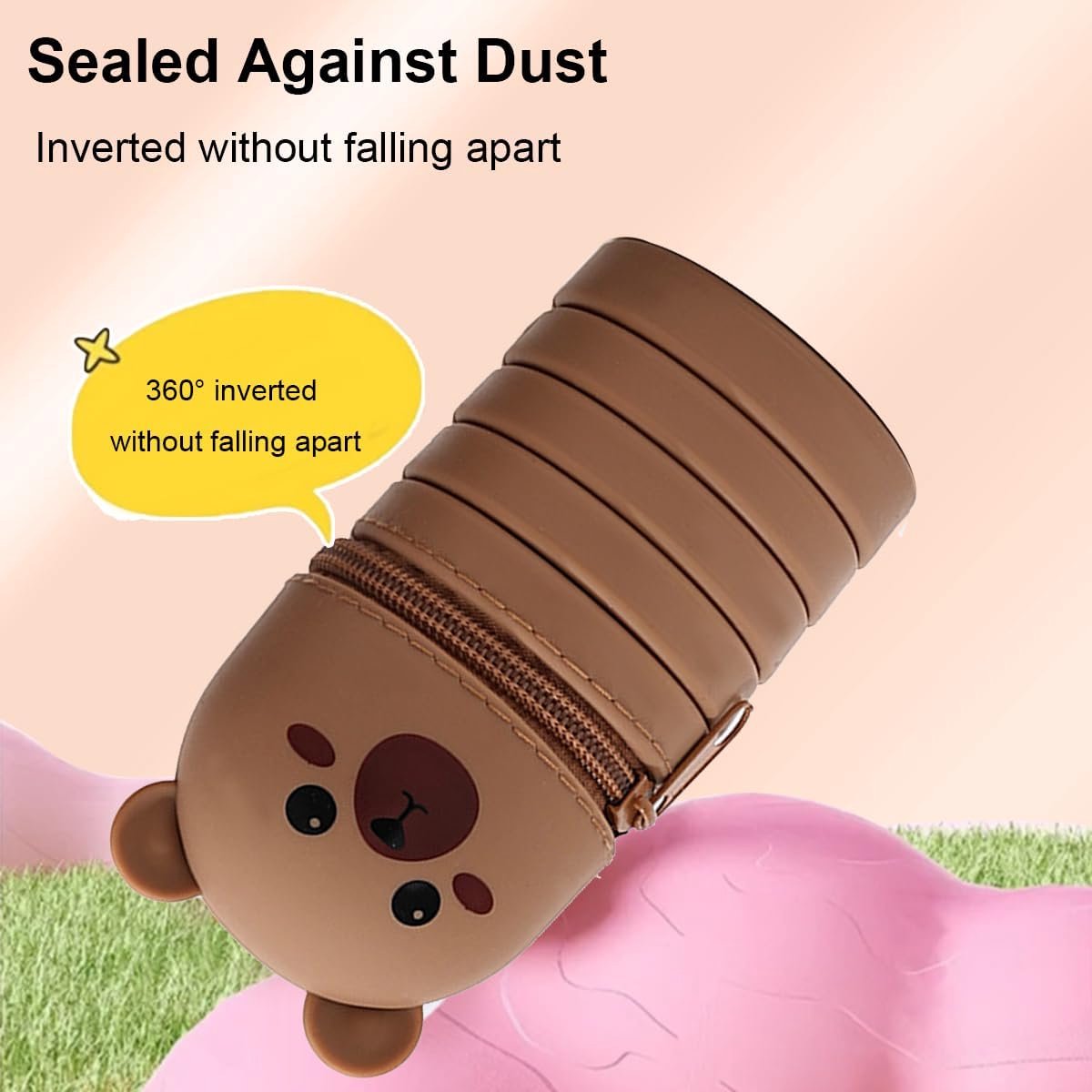 2-in-1 telescopic pencil case in soft silicone, cute kitten-shaped pencil case, ideal for storing stationery, brown, for girls and boys