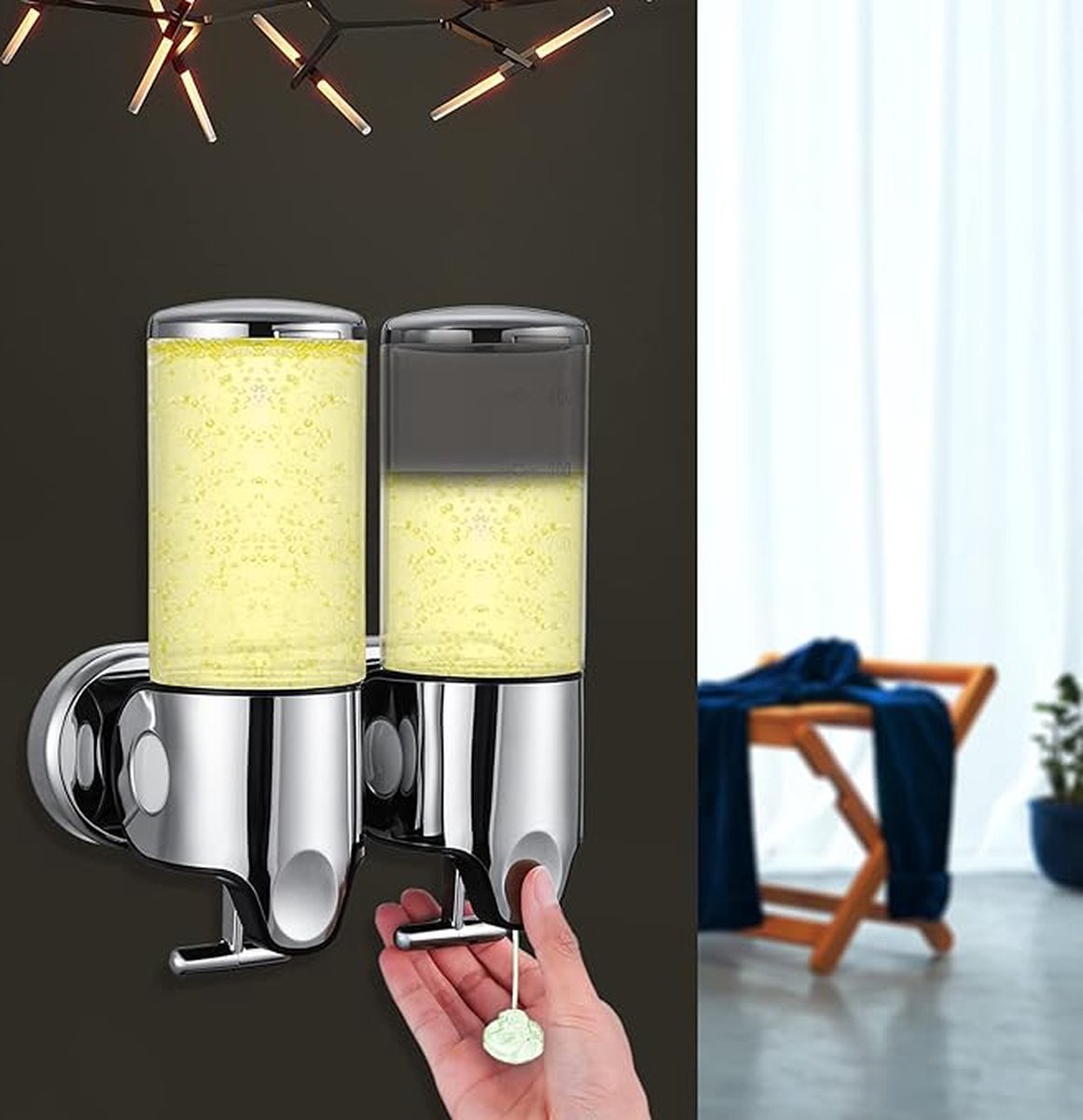 Soap dispenser - silver - 2 reservoirs - 2 x 500ml - wall-mounted - soap pump - soap holder - bathroom and sink - shampoo dispenser