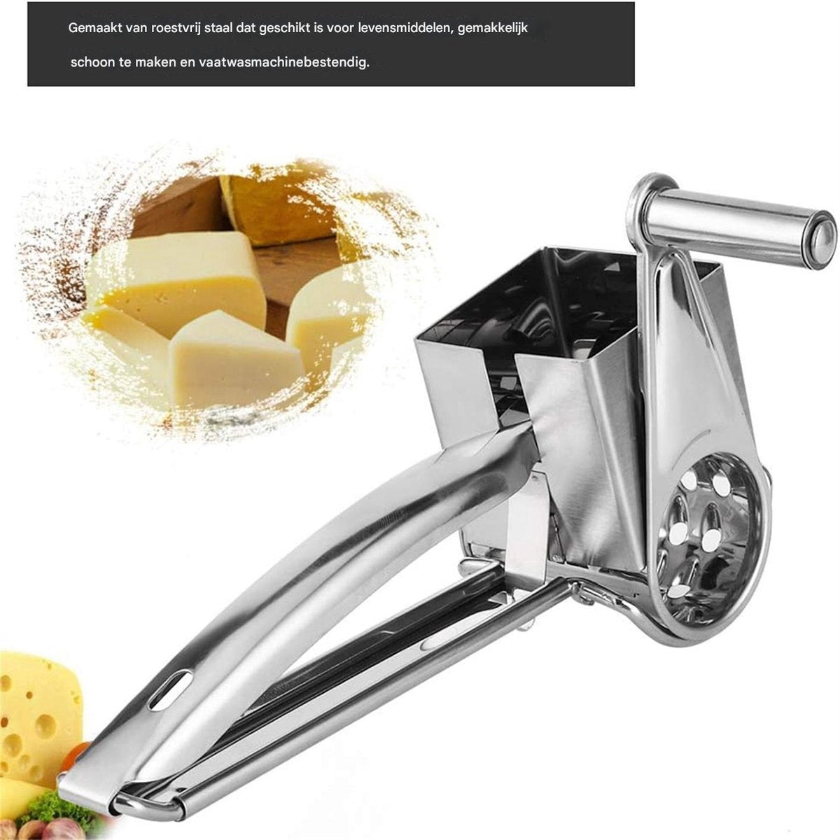 Cheese Grater - Stainless Steel Drum Grater - Hard Cheese Grinder - Efficient and Durable - Dishwasher Safe - Includes 3 Cutting Blades - Suitable for Chocolate and Nuts - Silver - 1 Piece