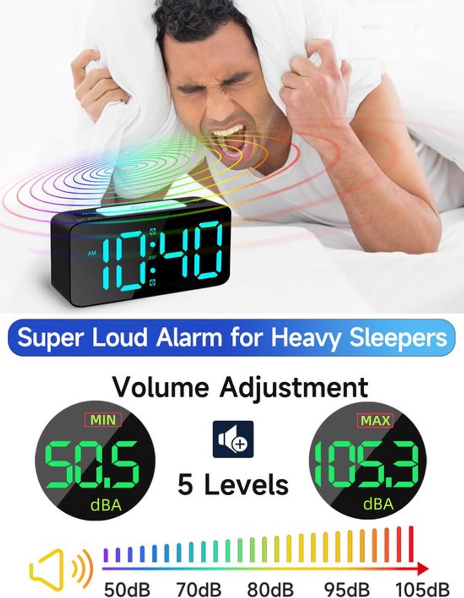 Digital Night Light - Extra Powerful - 7-Color Night Light - Ideal for Heavy Sleepers - Adjustable Volume and USB Charging - Place on the Bedside Table - Black