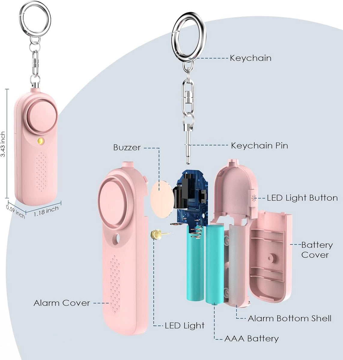 Personal alarm - 130 dB - Security siren - Self-defense siren - With LED light-up keychain - For children, women, students and seniors (pink)