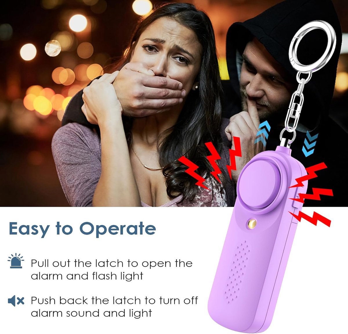 Personal Alarm - 130 dB - Security Siren - Self-Defense Siren - With LED Light-Up Keyring - For Children, Women, Students and Seniors (Purple)