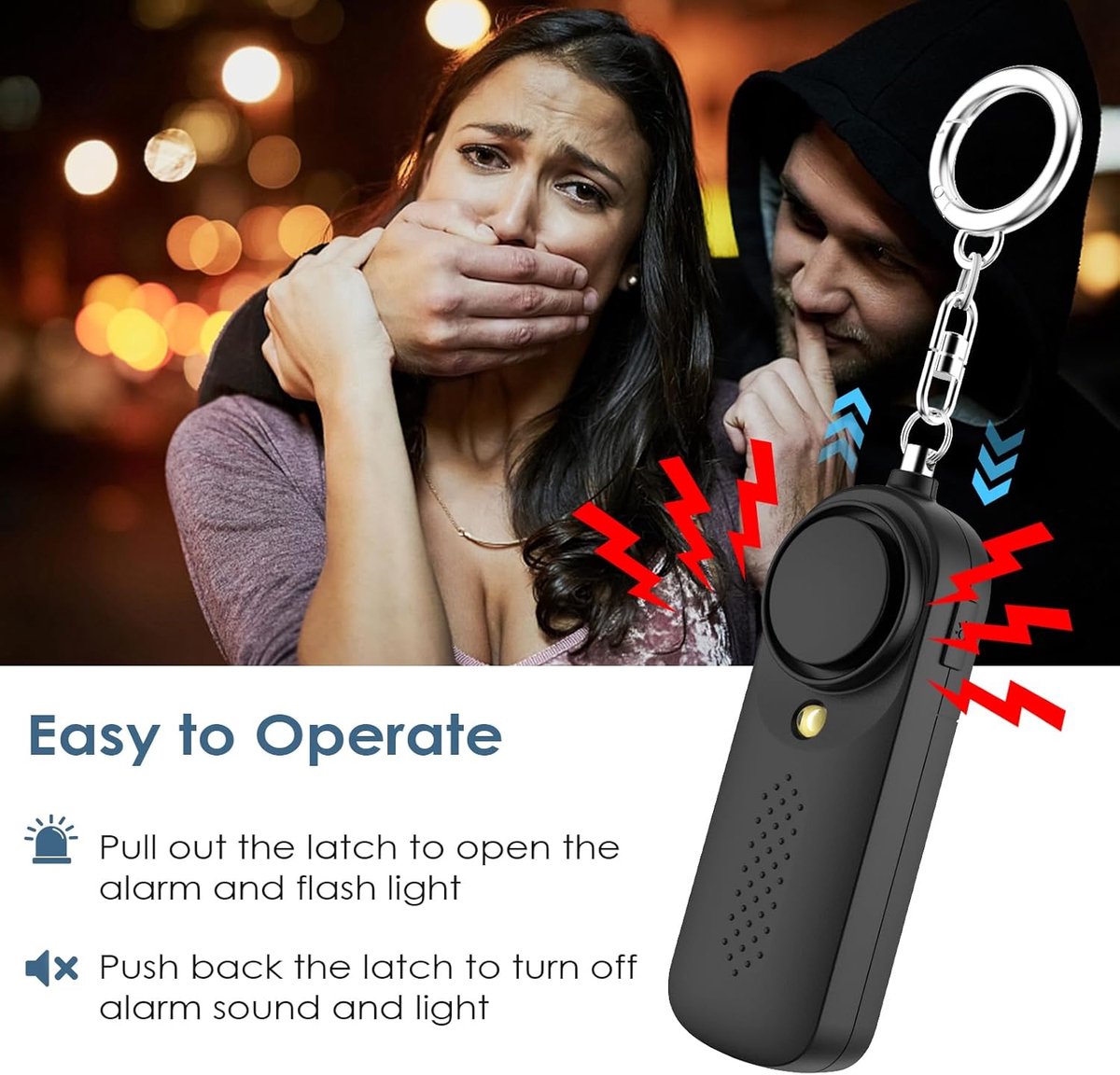Personal Alarm - 130 dB - Security Siren - Self-Defense Siren - With LED Light-Up Keyring - For Children, Women, Students and Seniors (Black)