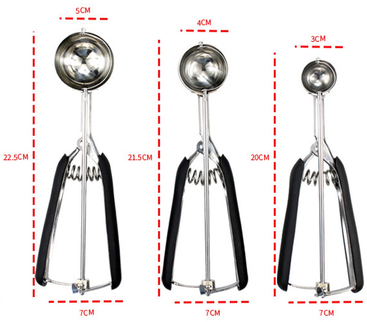 3-Piece Ice Cream Scoop Set - Stainless Steel Ice Cream Scoop - Ball Scoop - With Non-Slip Handle - For Fruit, Cookies, and Frozen Sorbets - Black