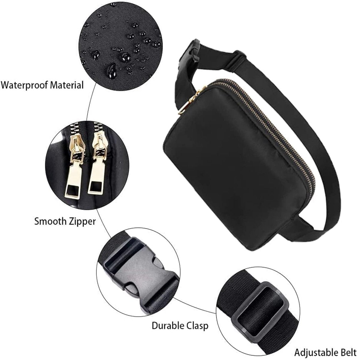 Fanny pack - Women's fanny pack - Men's fanny pack - Fanny packs for men and women - Black City fanny pack with two pockets - Suitable for outdoor activities, fitness, shopping, running, walking, travel, cycling