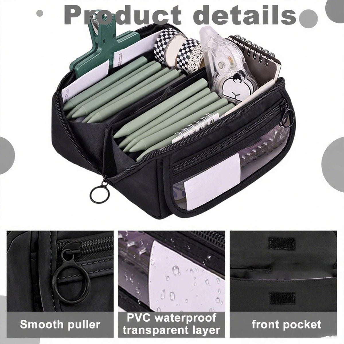 Pencil case - Pencil case for boys and girls - 20x8.5x8.5 cm - Canvas - Linen - Large capacity - School pencil case - black