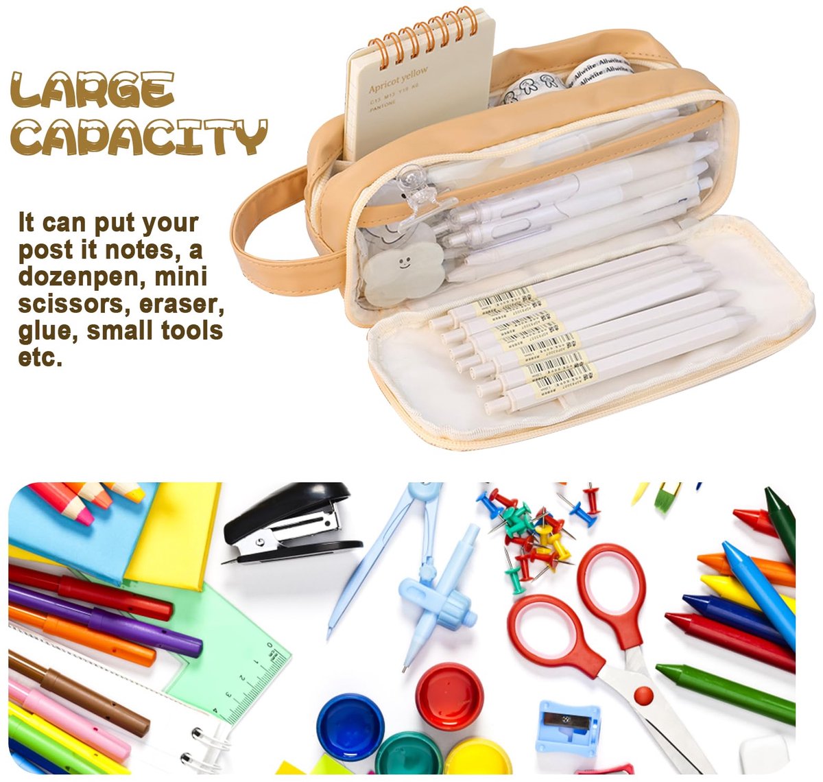 Pencil Case - Large Capacity - Waterproof and Expandable - Pencil Case for Boys and Girls - School Supplies - Suitable for Stationery, Makeup, Cosmetics, Travel and Office Supplies - Brown