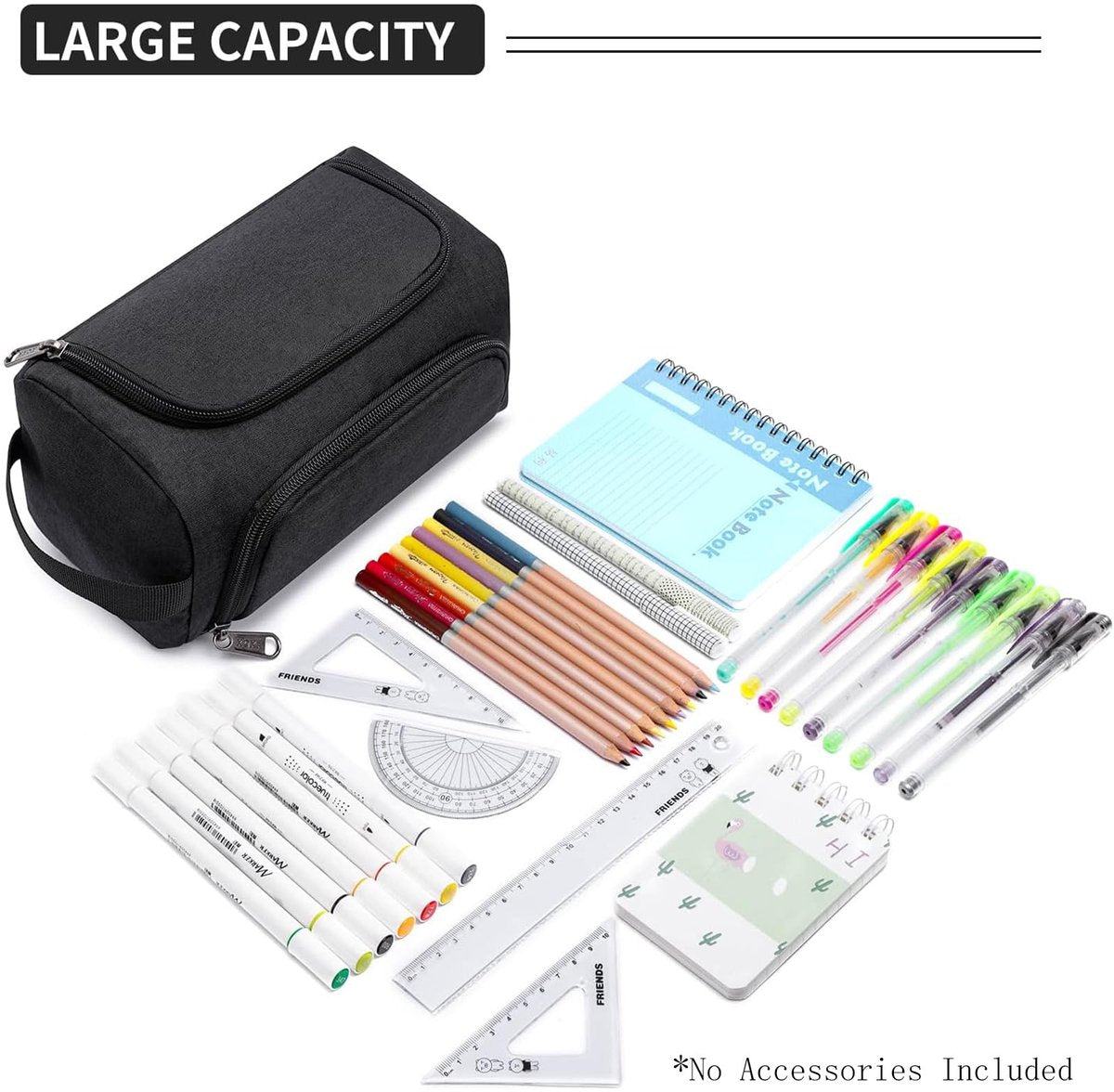 Pencil case for boys and girls - Pencil case for adults - School pencil case - 24 x 13 x 13 cm - Black