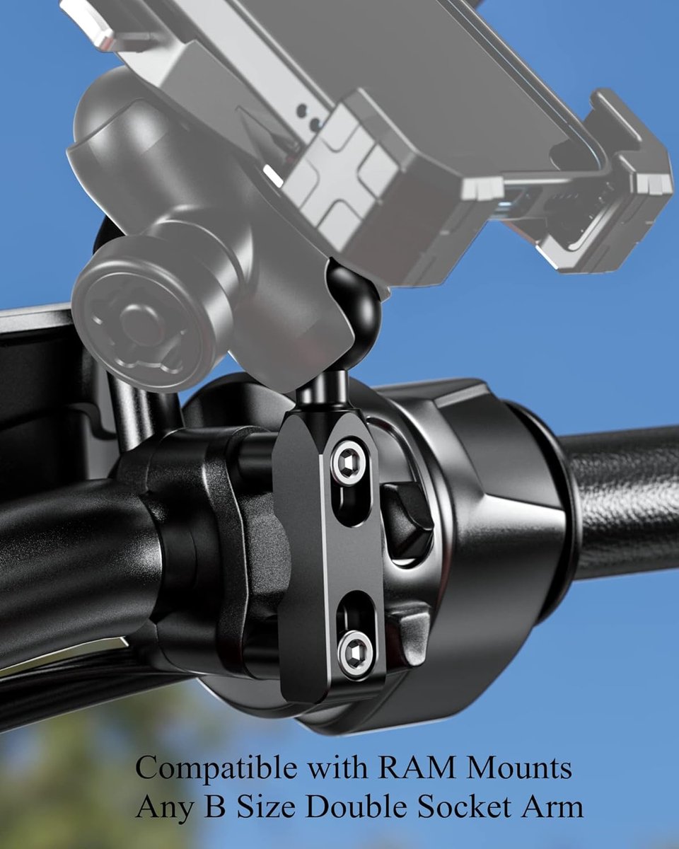 Aluminum alloy mounting base - with 1" TPU ball - for motorcycle brake/clutch reservoirs - compatible with dual mounting arms with 1" ball, size B mounting - black