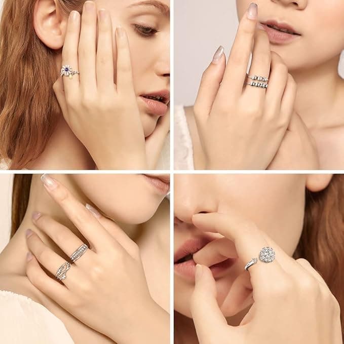 6 pcs Rotatable Anti-Stress Ring with Rotating Beads, Silver, Compatible with Fidget Spinner Rings