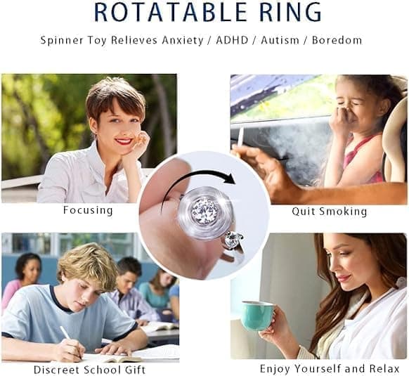 6-Pack Adjustable Anti-Stress Ring with Rotating Beads, Silver, Compatible with Fidget Spinner Rings