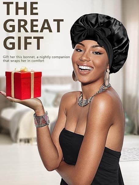 Silky Satin Sleeping Cap for Women and Girls, Double Layered Hair Protection Cap with Adjustable Fit, Black
