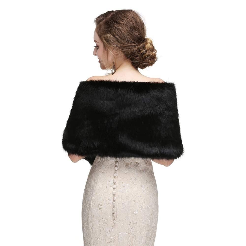 Black Faux Fur Scarf Shawl for Women, Warm Long Large Bridal Shoulder Warmer for Party Wedding Evening Dress Winter Use