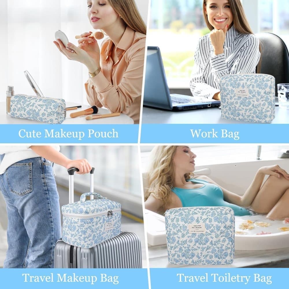 3 Cosmetic Bags Floral Lightweight Toiletry Bag for Women, Blue