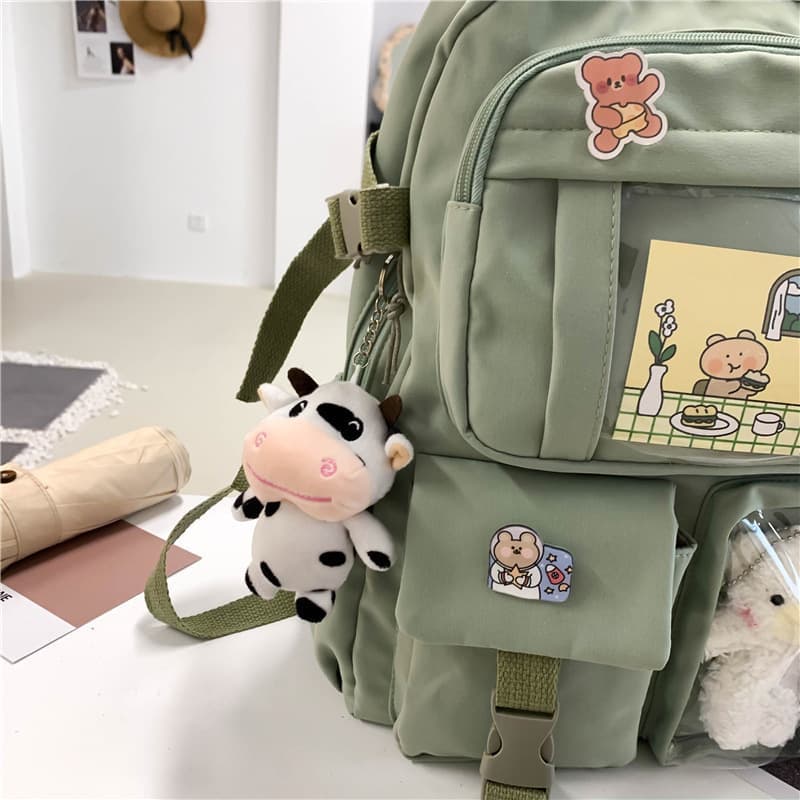 School Backpack Cute Waterproof for Girls with Accessories and Plush Pendant, Green