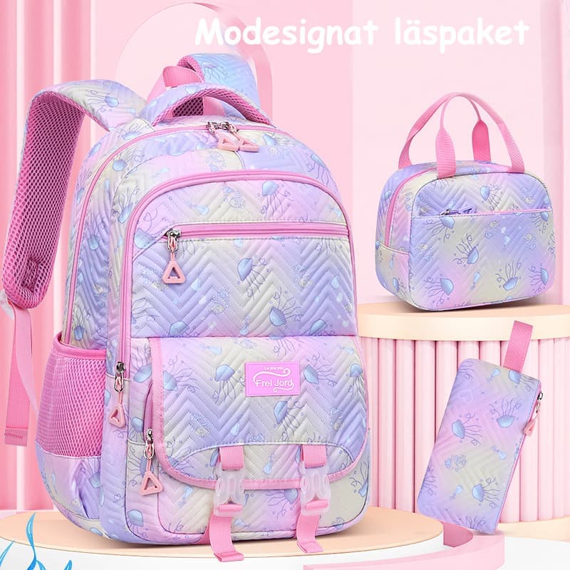 3-Piece Girls Backpack Set with Pencil Case and Lunch Bag, Blue, for Elementary & Teenage Students