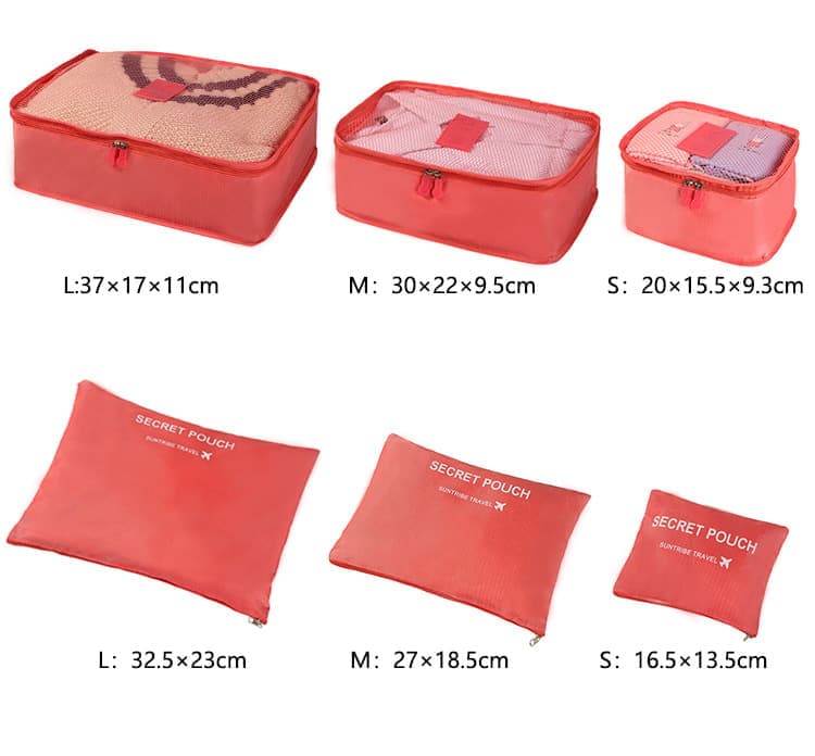 6-Piece Waterproof Travel Bag Set Luggage Organizer, Red