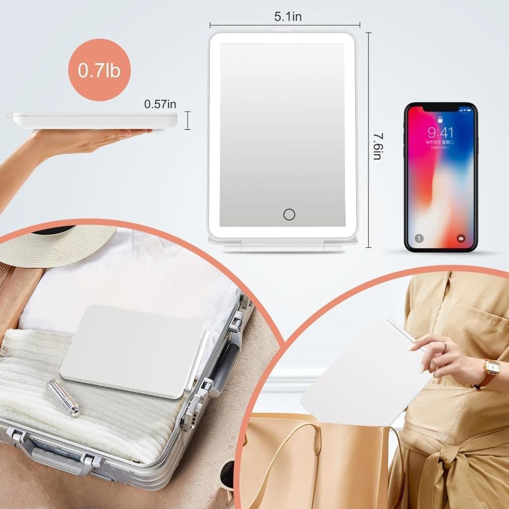 Rechargeable Makeup Mirror with 3 Color Modes, Dimmable Touch Screen LED Lighted Mirror