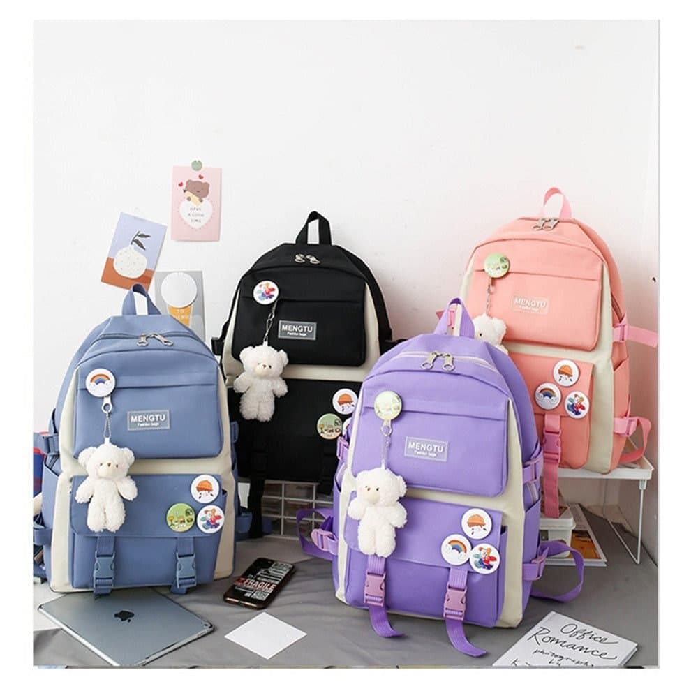 5-Piece Pink School Backpack Set for Students and Teenagers, with Pencil Case and Accessories