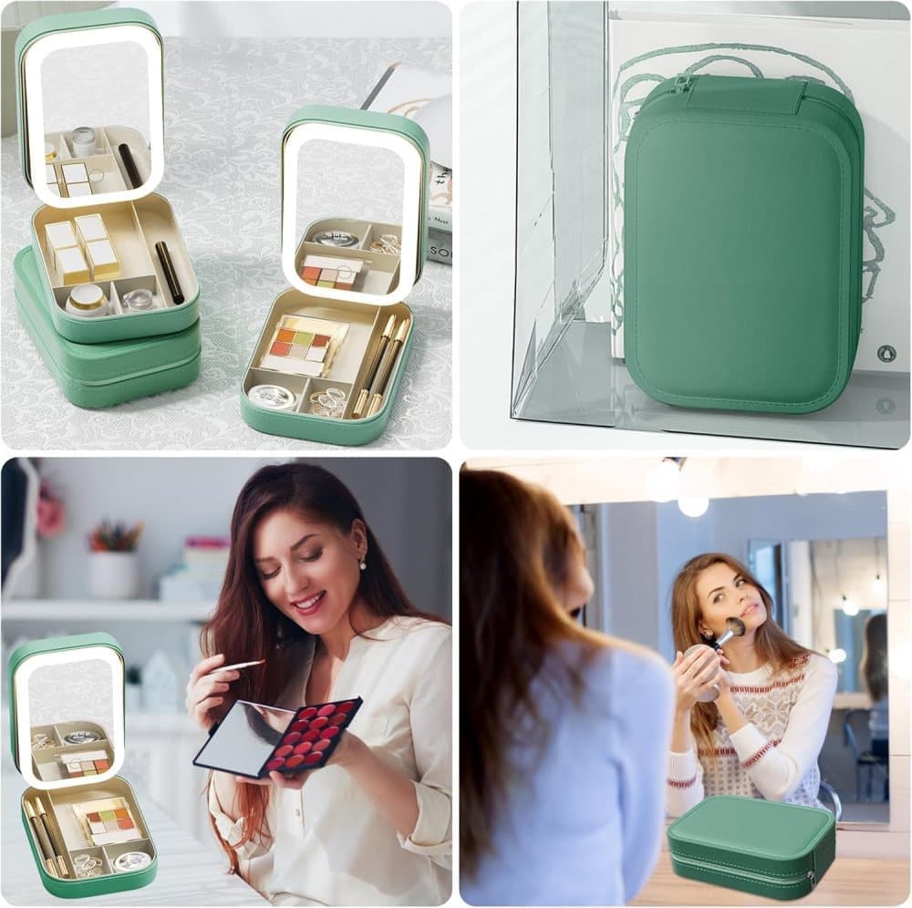 Portable Makeup Bag with LED Mirror, 3 Light Modes & Storage Compartment, Travel Cosmetic Organizer for Women, Green