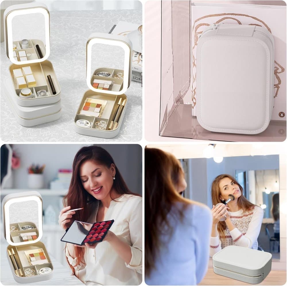 Portable Makeup Bag with LED Mirror 3 Light Modes, Travel Cosmetic Organizer for Women, White