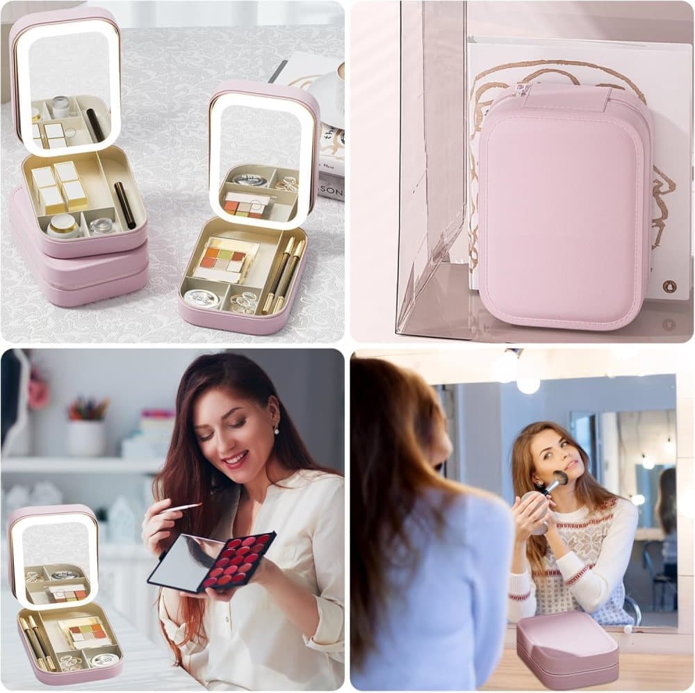 Portable Makeup Bag with LED Mirror 3 Light Modes, Travel Cosmetic Organizer for Women, Pink