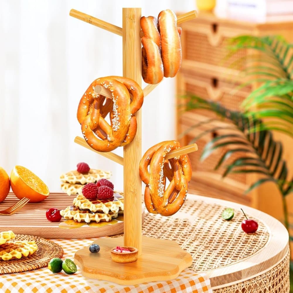 1-pack Wooden Pretzel Stand Tree-Shaped for Restaurant Cafe Bar Kitchen Decoration, Brown, Bamboo