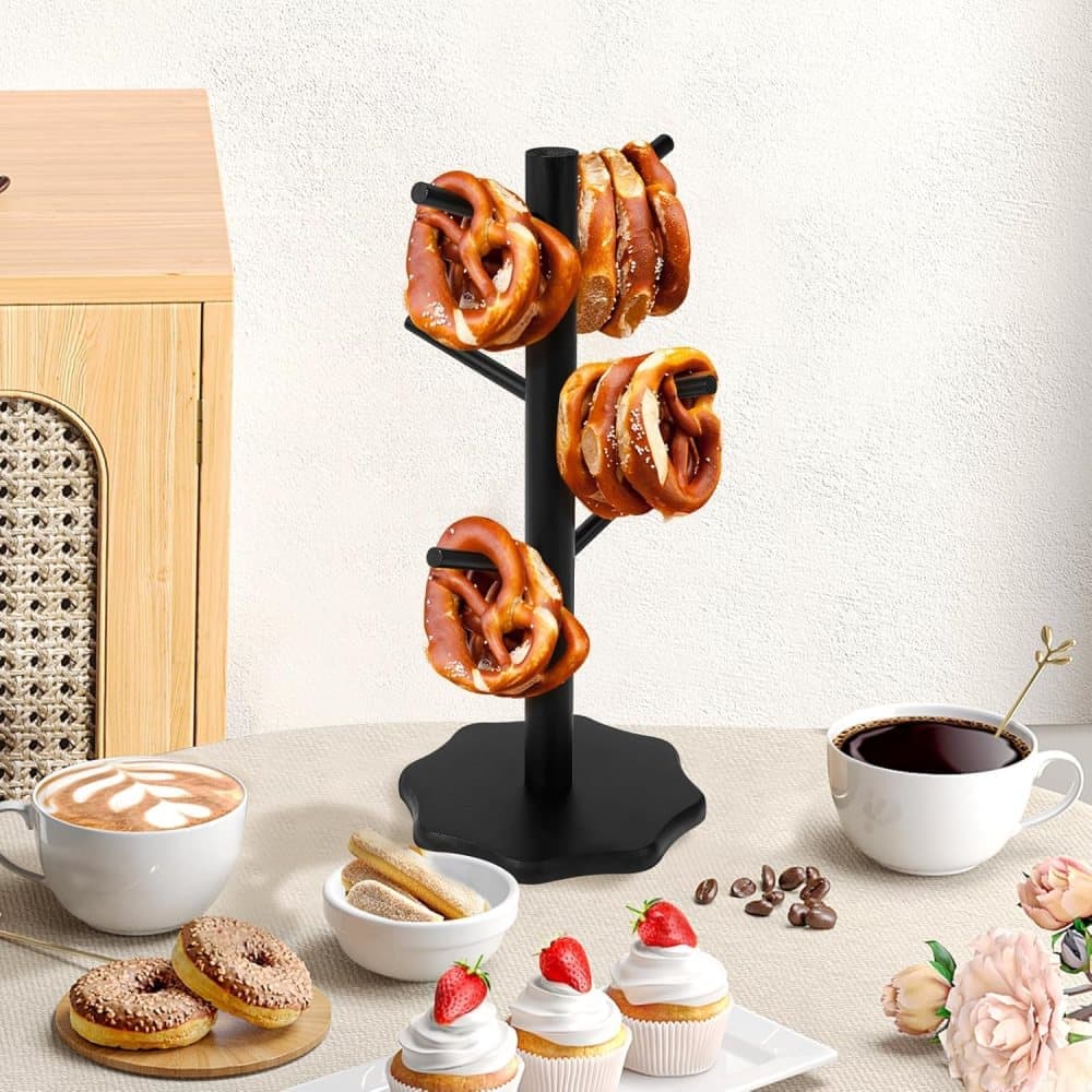 1-Pack Black Tree-Shaped Wooden Pretzel Stand, Bamboo, for Restaurant Cafe Bar Kitchen Decoration, Compatible with Pretzels