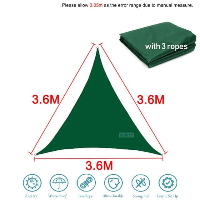 3.6x3.6x3.6m Waterproof Outdoor Sun Sail Triangle Shade, UV Protective Sun Net for Camping Garden Terrace Pool, Dark green
