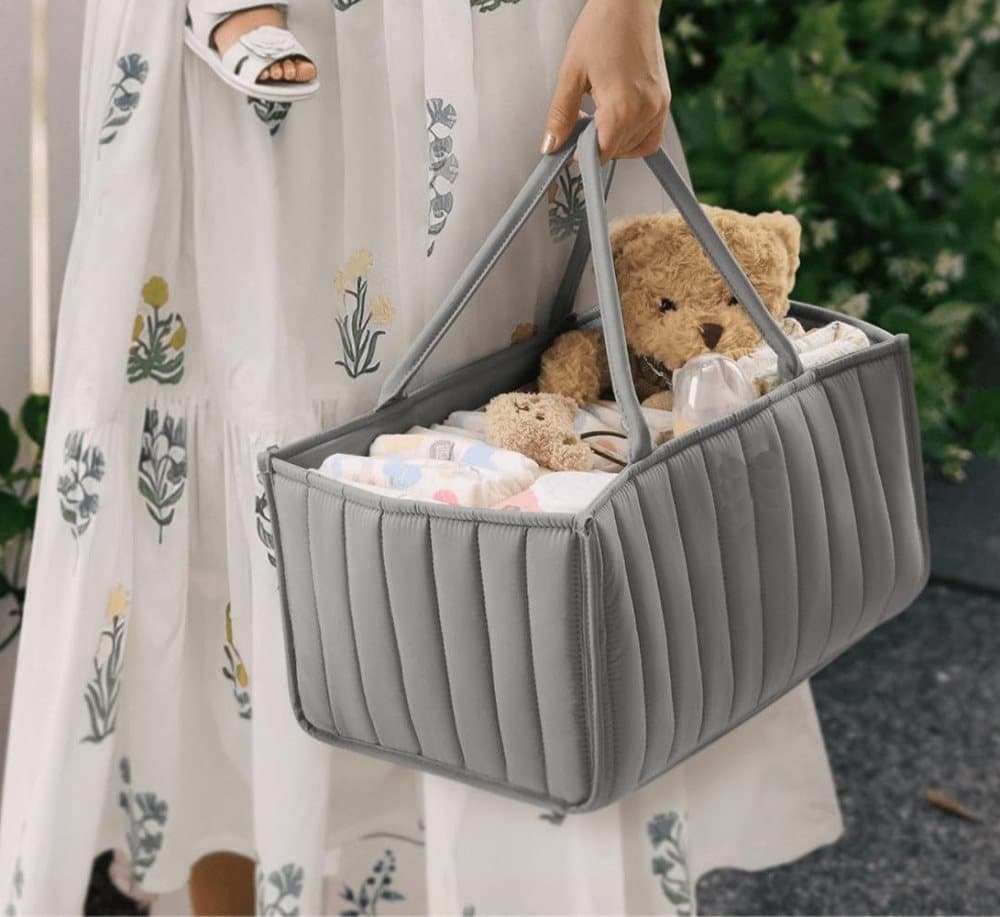 Baby Diaper Storage Basket Multifunctional Large Capacity Breathable Water Resistant for Home and Travel, Gray