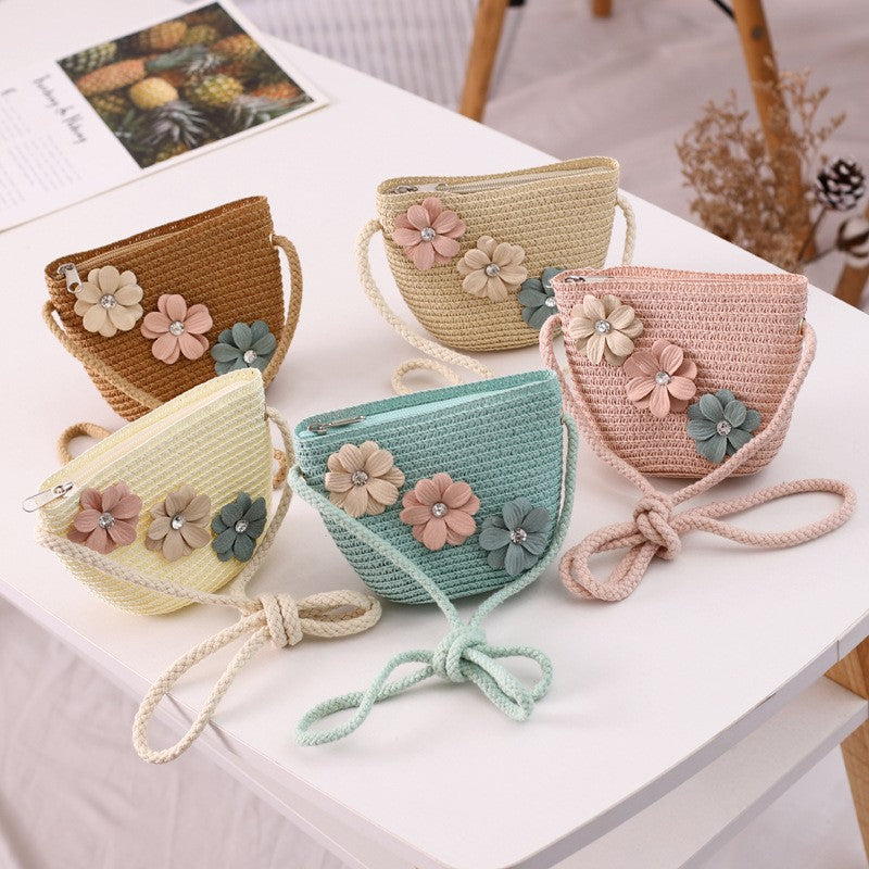 Girls Straw Hat and Shoulder Bag Set for Summer Beach Travel Outdoor Play, Khaki