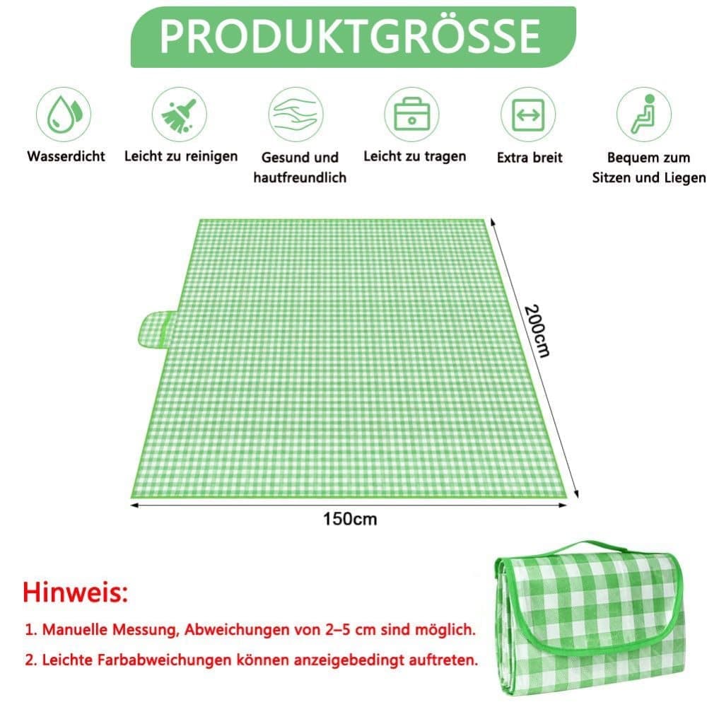 Waterproof Picnic Mat Foldable with Carrying Handle for Camping Beach Park Outdoor Activities, 150x200cm, Green