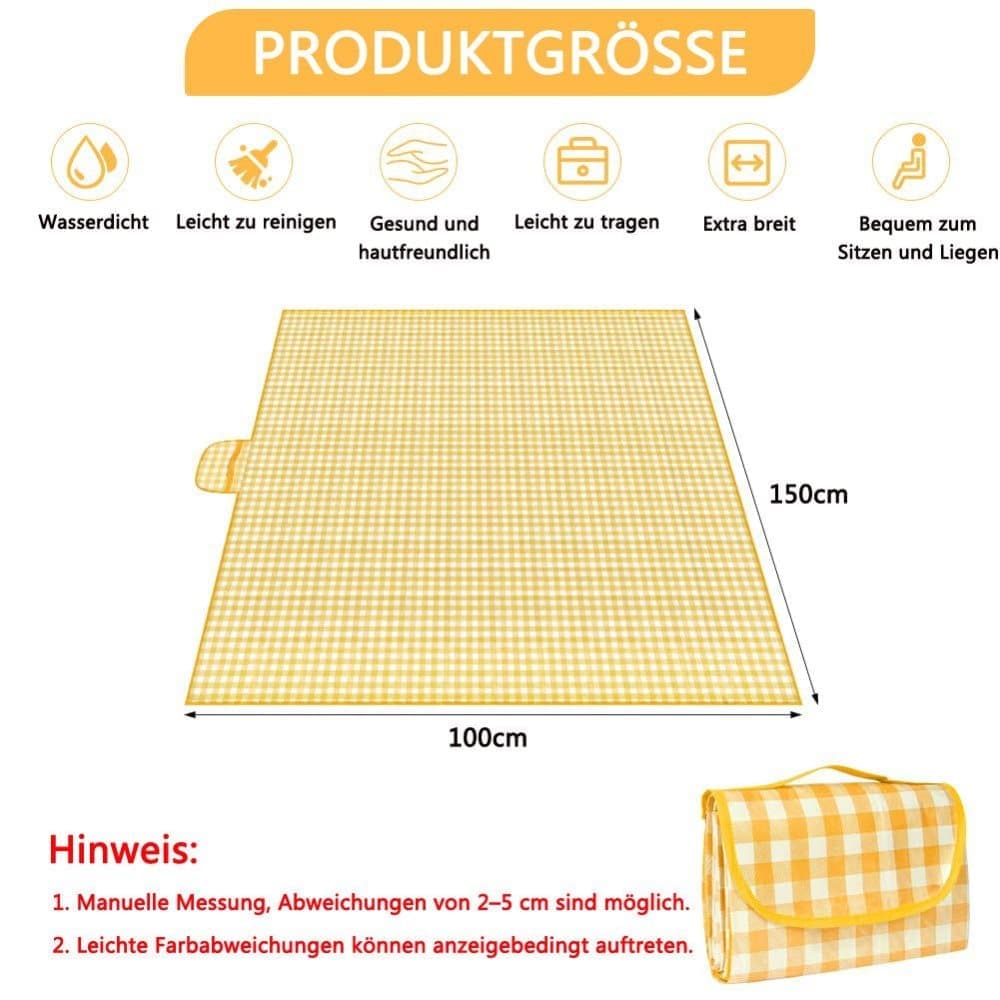 Waterproof Picnic Mat Foldable with Carrying Handle for Camping Beach Park and Outdoor Activities, 100x150cm, Yellow